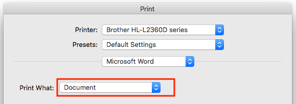 The "print what" menu in the Print dialog box