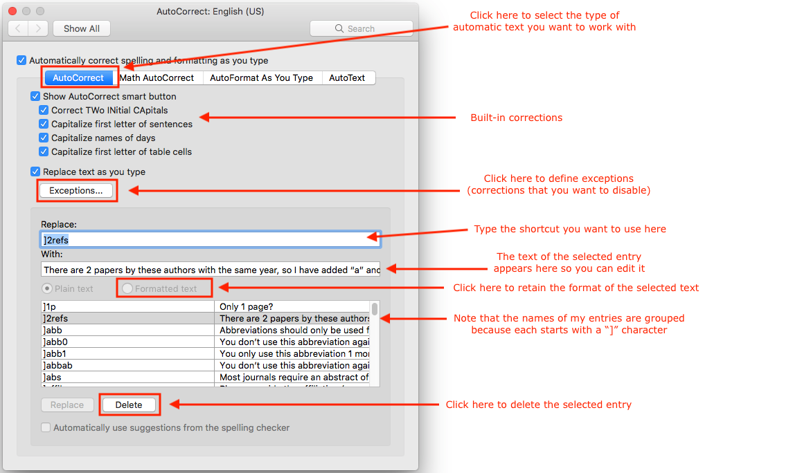 The AutoCorrectOptions dialog box