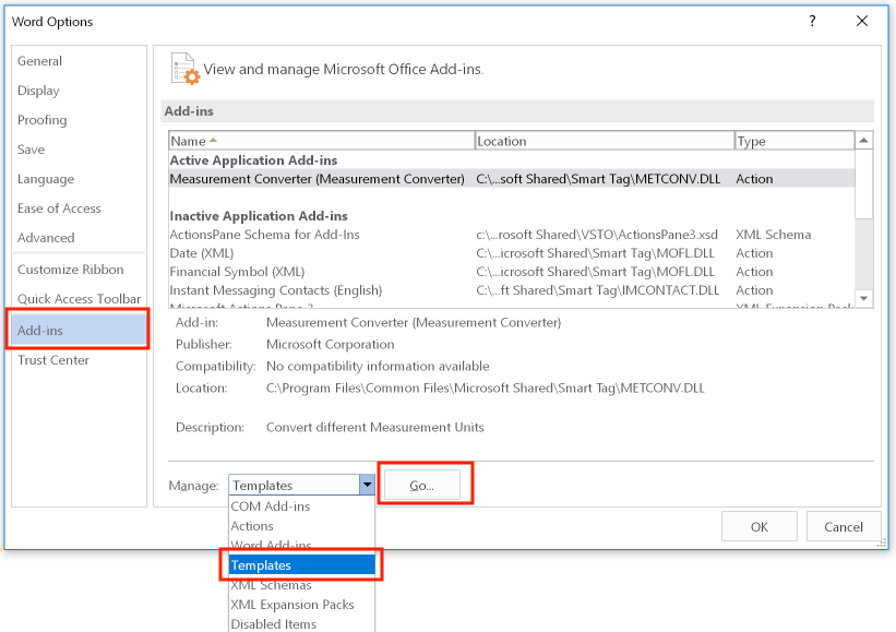 Accessing the templates organizer from the Options dialog box
