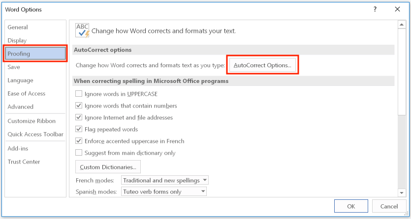 Accessing the AutoCorrect options dialog