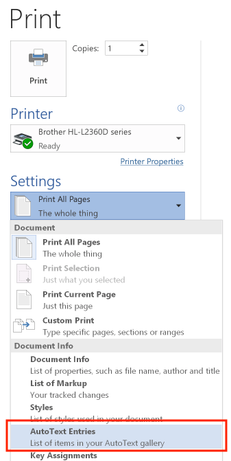 Selecting AutoText entries in the Print dialog box
