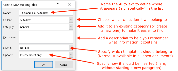 Specifying how to save the AutoText entry