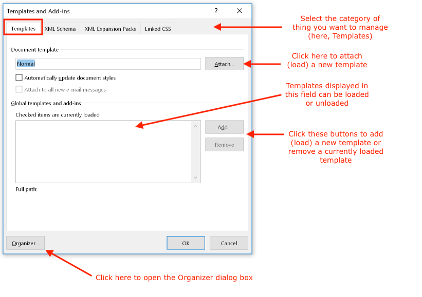 The Templates and Add-ins dialog box