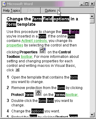 The help topic for the form field obtained using the "find" feature