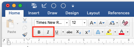 The Bold and Italic format buttons in the Microsoft Word ribbon
