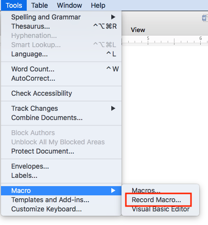 Recording a macro from the Tools menu