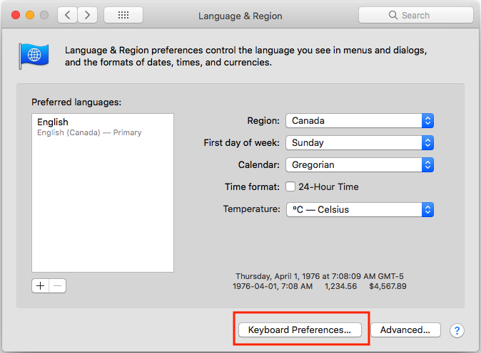 Keyboard preferences control panel