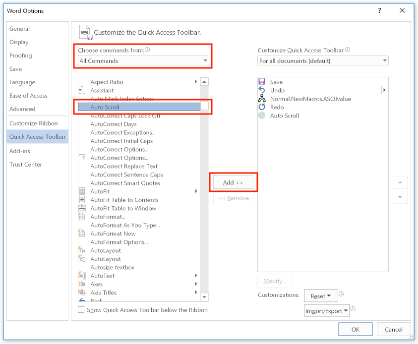 Adding the AutoScroll function to the quick access toolbar